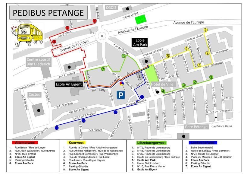 Karte mit vier geplanten Buslinien in Rot, Gelb, Grün und Blau und den jeweiligen Haltestellen in Luxemburg.