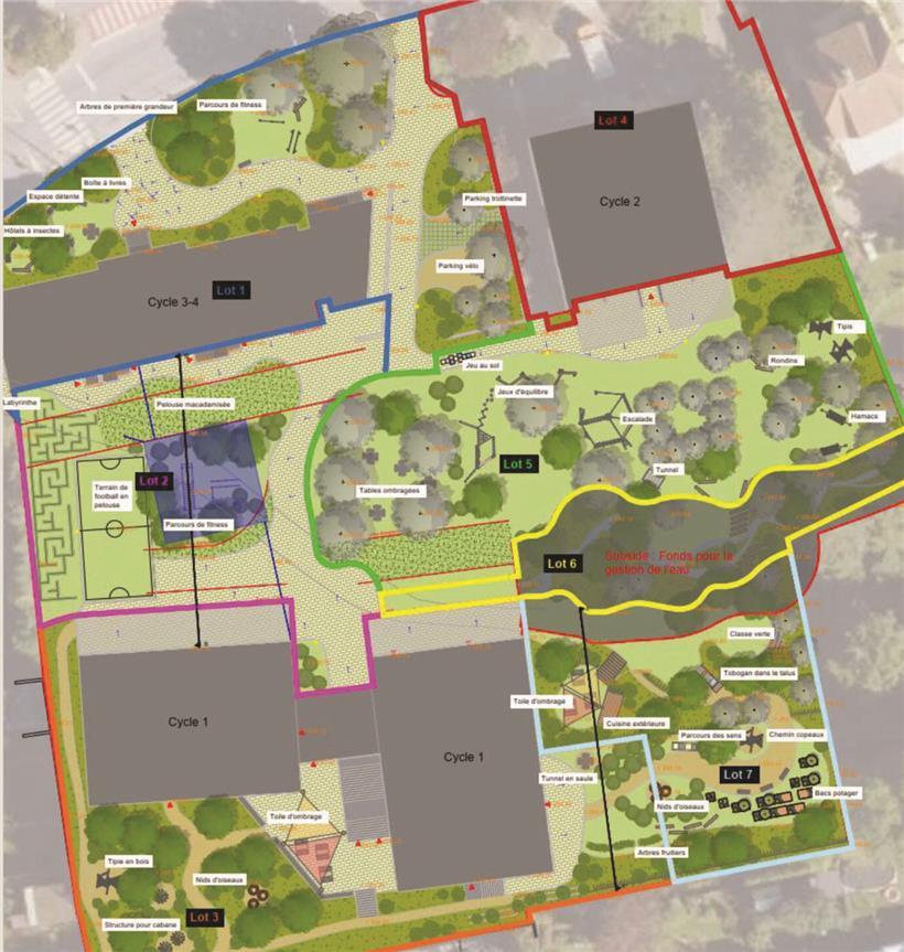 Zukunftsvision des Schulhofs in Sanem mit modernen Spielgeräten und grünen Flächen für Schüler