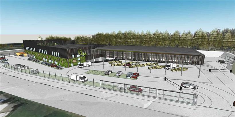 Drive-In Abgabestelle mit Fahrzeugen, zweite Spur führt durch Gebäude für bequeme Abgabe