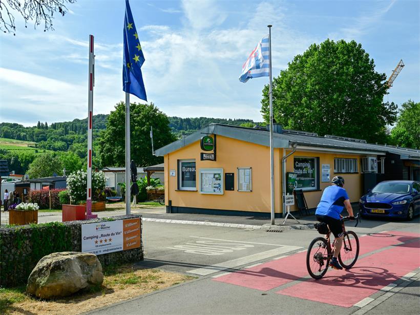 Zelt und Wohnwagen auf Campingplatz an der Weinstraße mit Weinbergen im Hintergrund bei sonnigem Wetter