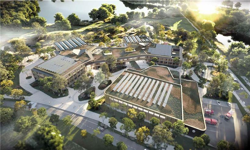 Campus Baggerweier Luftaufnahme mit Baustelle des 122-Millionen-Euro-Bauprojekts für nachhaltige Universitätsgebäude