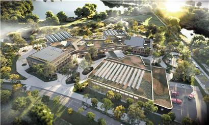 Campus Baggerweier Luftaufnahme mit Baustelle des 122-Millionen-Euro-Bauprojekts für nachhaltige Universitätsgebäude