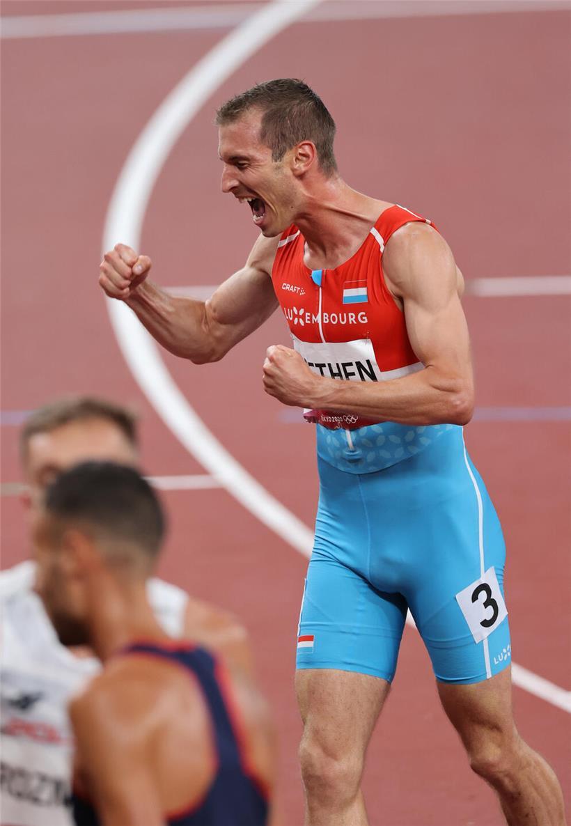 Charel Grethen beim Lauf im Olympia-Finale 2021, Leichtathletik-Wettkampf, Fokus und Ausdauer sichtbar