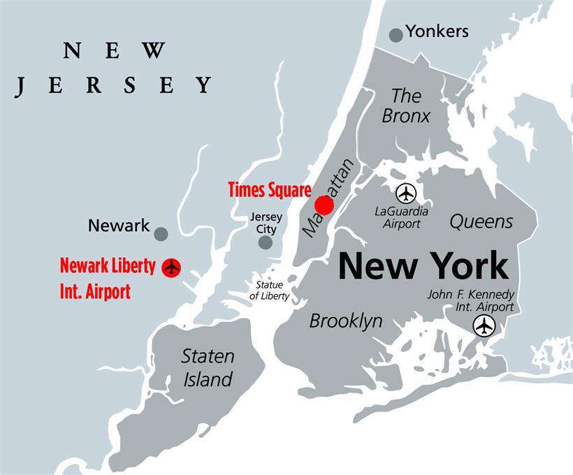 Der Flughafen Newark liegt in New Jersey, 14 Kilometer Luftlinie von Manhattan entfernt