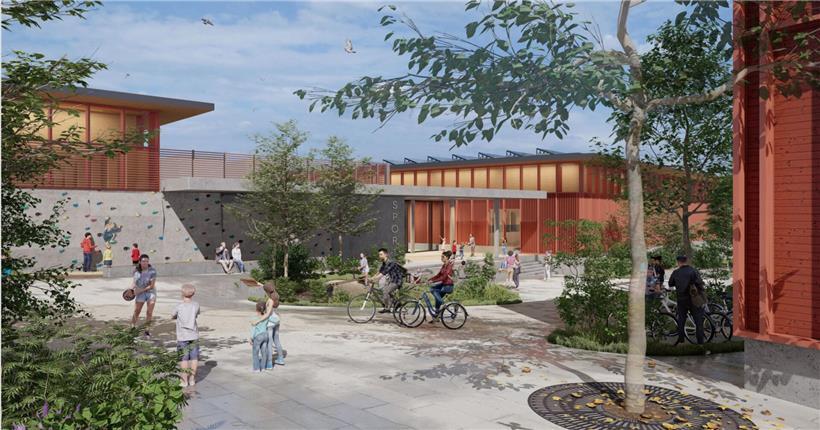 Moderner Sportkomplex mit Fußballfeld, Laufbahn und Tribünen für Training und Wettkämpfe im Freien