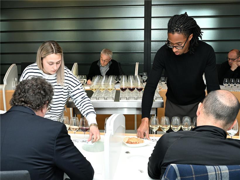 Personen verkosten Wein blind, um Weingut unvoreingenommen zu bewerten, Weinprobe ohne Herkunftsinformationen