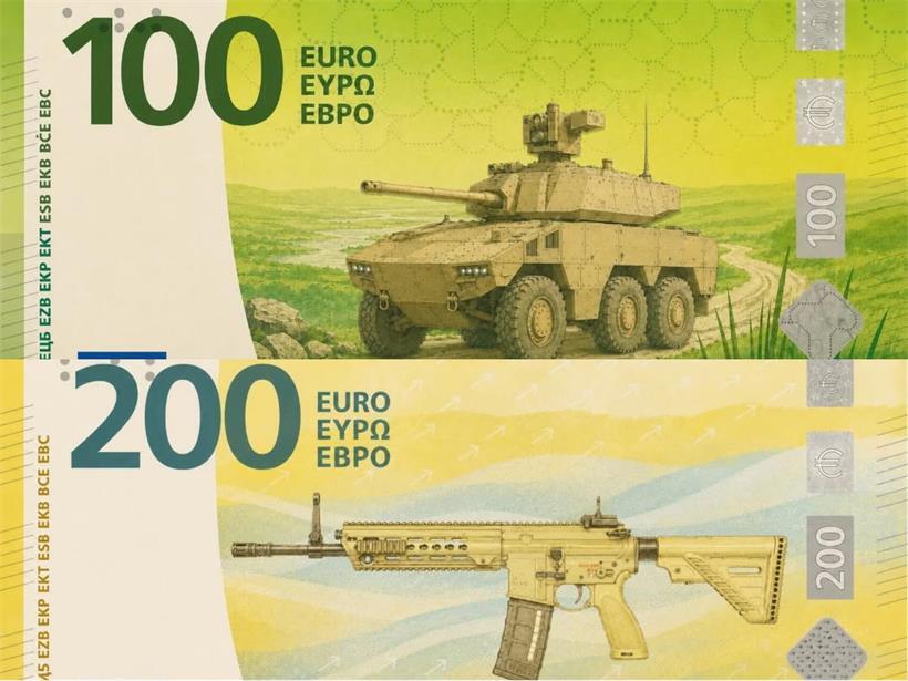 Die Verteidigungsdirektion hat Vorschläge für Eurobanknoten veröffentlicht. Darauf zu sehen: Waffen und Panzer.