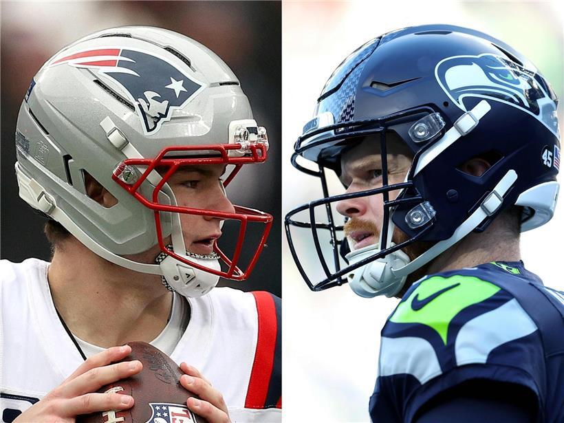 Quarterbacks Drake Maye von den New England Patriots und Sam Darnold von den Seattle Seahawks im Spiel gegenübergestellt