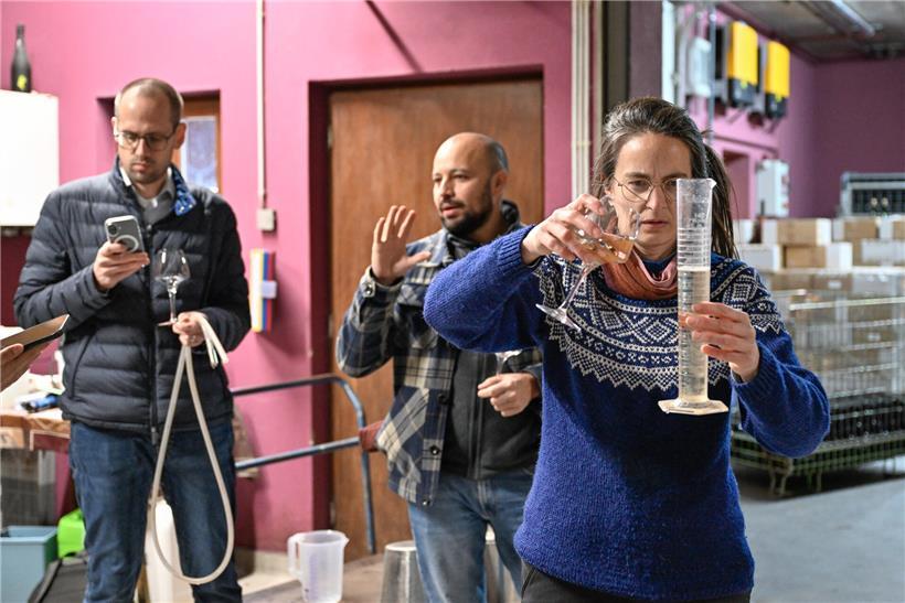 Winzerin Corinne Kox mischt Rivaner aus Edelstahltank und Holzfass für perfekten Wein-Feinabstimmung