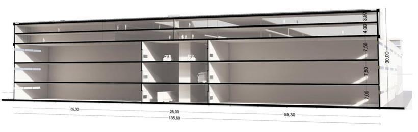 Dreistöckiges Gebäude mit drei Werkstatt-Etagen und zwei Bürogeschossen für handwerkliche Tätigkeiten und Verwaltung
