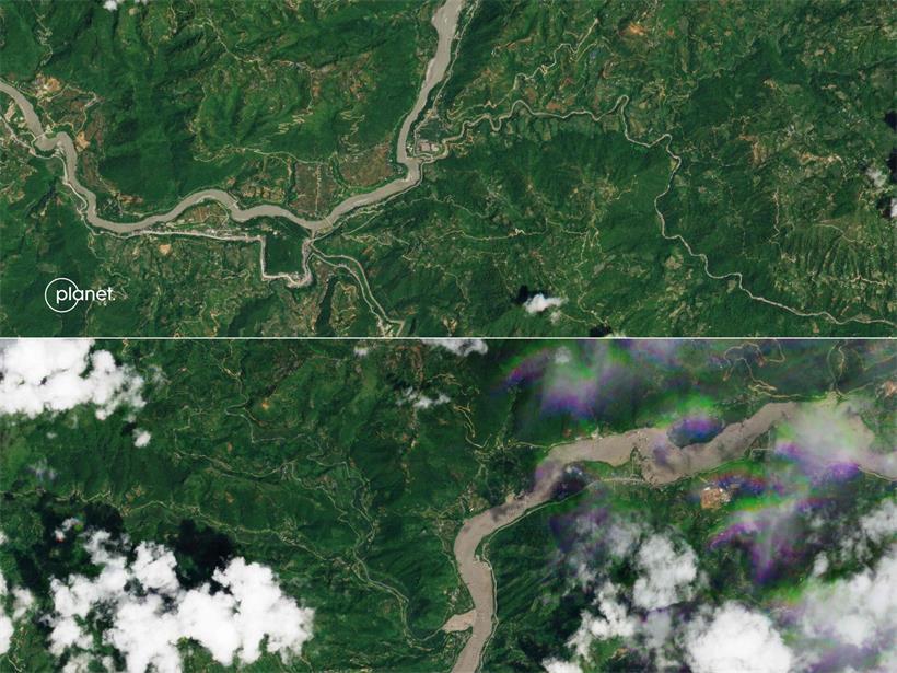 Rettungskräfte im Himalaya kämpfen gegen Schlamm und Zeit Eine Luftaufnahme von Kolpurtar im Distrikt Nuwakot in Nepal vor den schweren Überschwemmung am 12. August 2026 (oben) danach (unten)