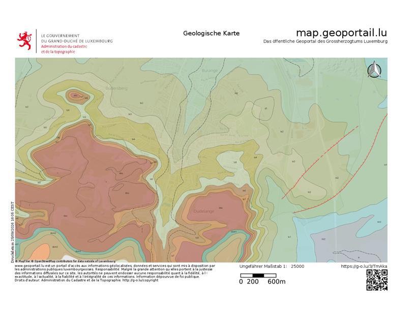 Eine geologische Karte mit den unterschiedlichen Bodenarten in Düdelingen. Ton ist in den grünlichen Bereichen zu finden.