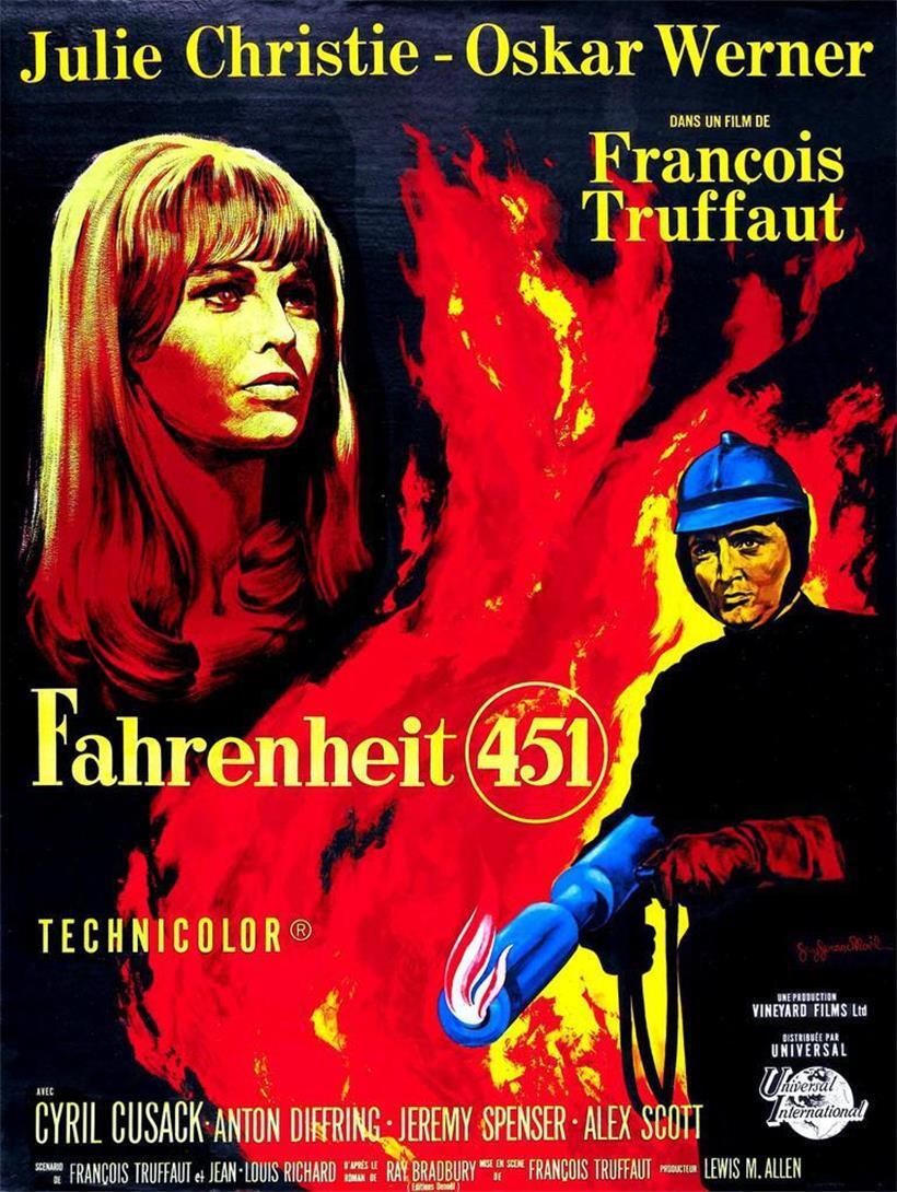Im Land der verbotenen Bücher: François Truffauts Verfilmung von „Fahrenheit 451“ om Fokus Filmplakat des dystopischen Science-Fiction-Films „Fahrenheit 451“ mit brennendem Buch und rotem Hintergrund