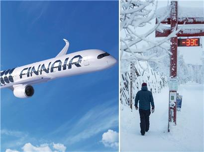 Finnair Flugzeug am Flughafen Luxemburg, Winterflug nach Helsinki bei eisigen -33 Grad in Nordfinnland