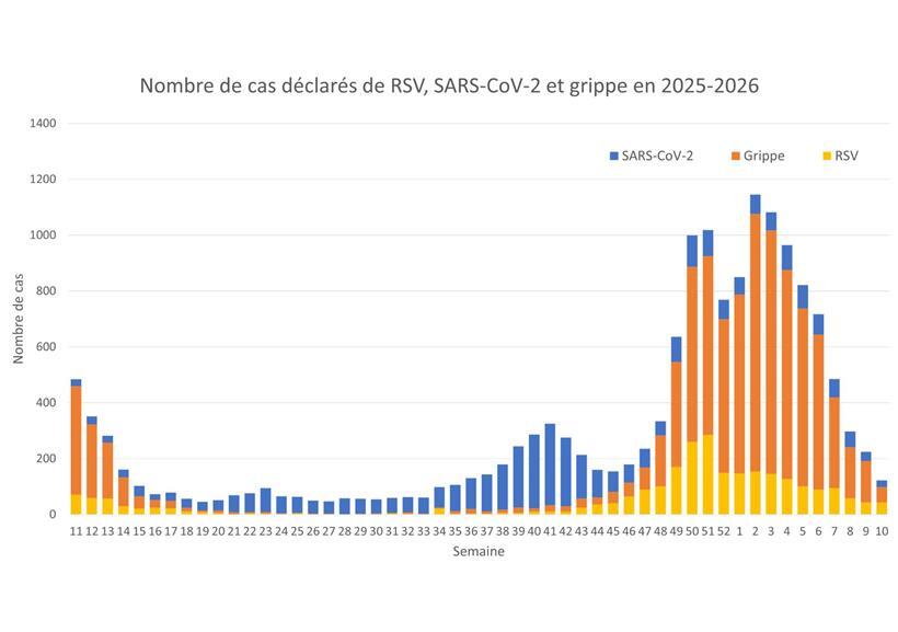 Diagramm mit gemeldeten Fällen von RSV, Covid-19 und Grippe in der Saison 2025-2026