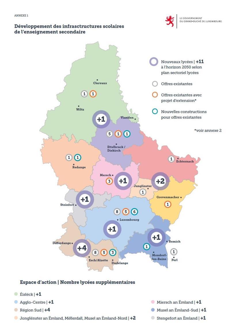 Karte mit geplanten Standorten für neue Lyzeen in verschiedenen Regionen langfristig geplant