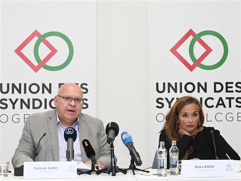 Patrick Dury, LCGB-Präsident, und Nora Back, OGBL-Präsidentin, bei einer gemeinsamen Gewerkschaftsveranstaltung
