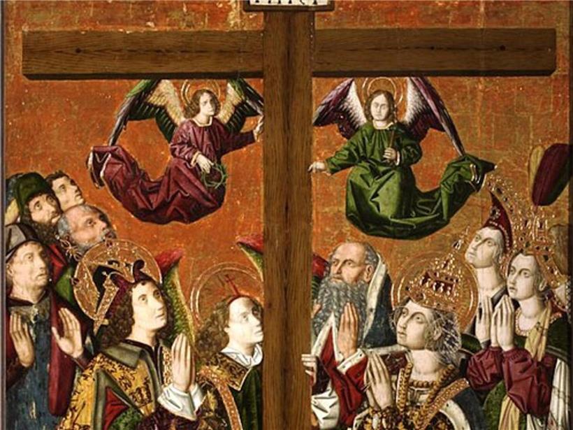 L’Empereur Héraclius mit Bart verehrt die Heilige Kreuz, Öl auf Holz, 15. Jahrhundert, Kirche von Blesa, Aragon