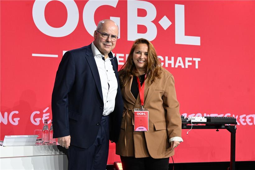 Nora Back und CSV-Politiker Marc Spautz beim OGBL-Nationalkongress vor einem Jahr, Diskussion zu Arbeits- und Sozialpolitik