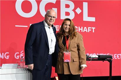 Nora Back und CSV-Politiker Marc Spautz beim OGBL-Nationalkongress vor einem Jahr, Diskussion zu Arbeits- und Sozialpolitik