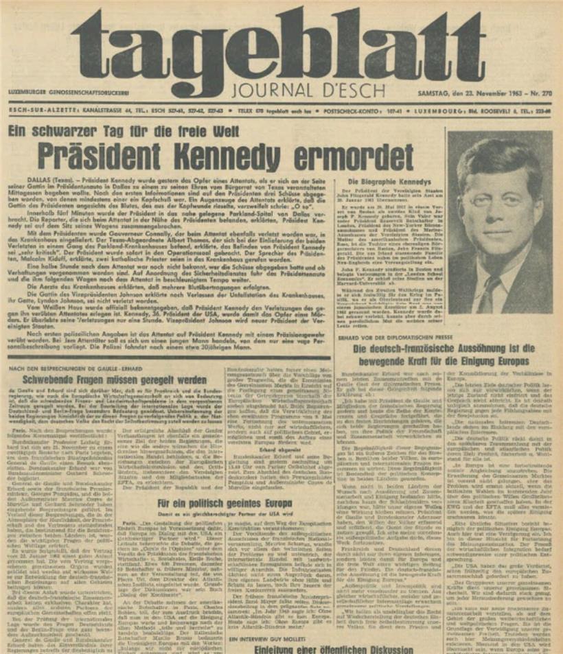 Schwarzer Tag für die freie Welt: Am Samstag, 23. November 1963, berichtet das Tageblatt über das Attentat auf US-Präsident John F. Kennedy in Dallas.