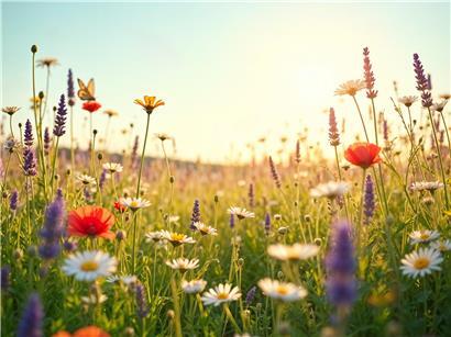 Blumenwiese mit Wildpflanzen, symbolisch für genetisch veränderbare Natur und Biotechnologie in der Landwirtschaft