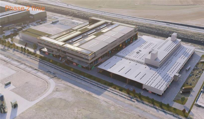 Visualisierung des zukünftigen Baugeländes nach Fertigstellung des ersten Gebäudes im modernen Baustil