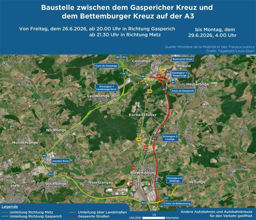 Sperrung der A3 am Wochenende: „Aire de Berchem“ schließt Übersichtskarte der Autobahn A3 Baustelle zwischen Gaspericher Kreuz und Bettemburger Kreuz mit Verkehrsführung und Sperrungen