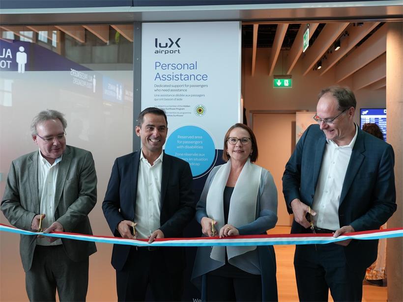 V.l.: LuxAirport-Verwaltungsratspräsident Gilio Fonck, Familienminister Max Hahn, Verkehrsministerin Yuriko Backes und LuxAirport-CEO Alexander Flassak bei der Einweihung