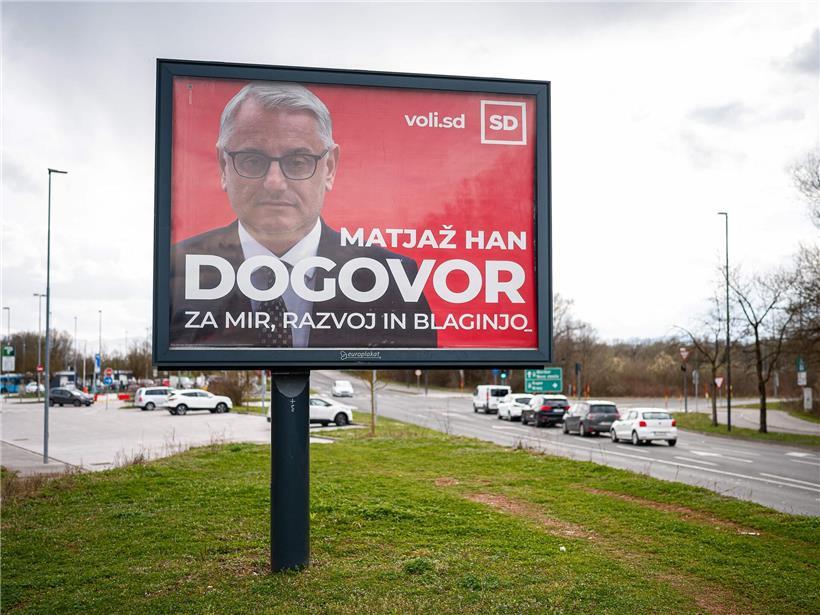 Wahlplakat des sozialdemokratischen Kandidaten Matjaz Han in Ljubljana, politische Werbung bei Wahlen