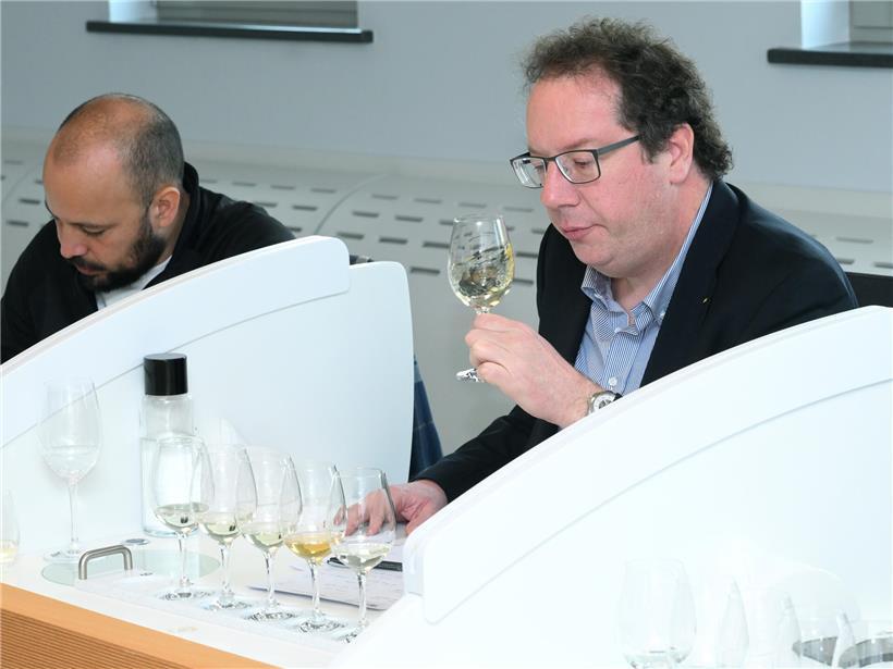 Weinkontrolleur Paul Thill leitet konzentriert die Verkostungskommission bei einer Weinprobe