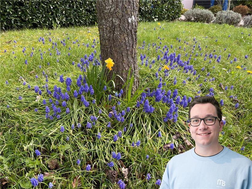 Frühlingshafte Landschaft mit blühenden Blumen und grünem Gras trotz kühler Tage im Frühling