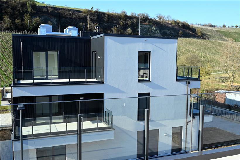Modernes Wohnhaus mit Terrasse in grüner Umgebung nahe Weinberg und Naturkulisse